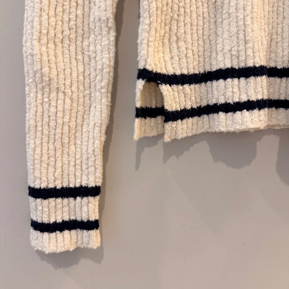 Madewell Boucle Knit Crewneck Sweater Ribbed Striped Cream Navy NY859 XS NWT
